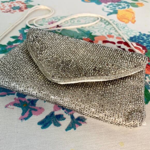 Vintage Andre Cellini Silver Beaded purse with Satin Rope Strap - Picture 16 of 16